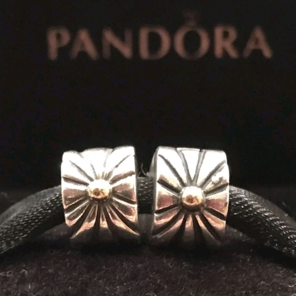 Pandora Sunburst Clips 925 SS & 14K Gold Set Of 2 - Picture 6 of 10